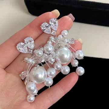 DAIIIBABYYY  -  Korean Pearl Drop Earrings for Women Silver Color Rhinestone Flower Pendant Earrings Wedding Party Jewelry